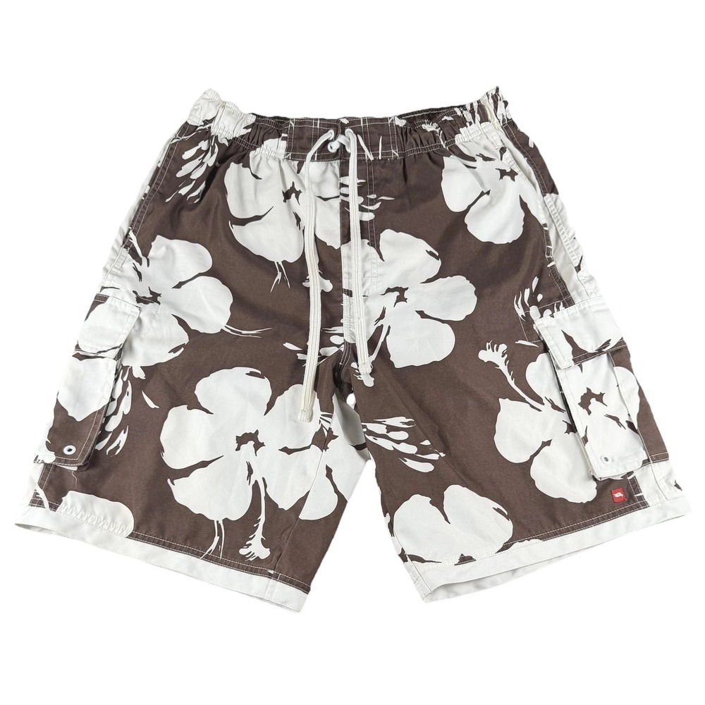Tony Hawk Swim Trunks Mens Large Brown Floral Hibiscus Cargo Board Shorts Beach